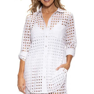 NWT Dotti Openwork Dot Cover-up Beach Shirt Sz M White Eyelet Long Sleeve Sheer